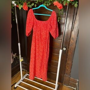 Red milkmaid style mango dress. Super flattering